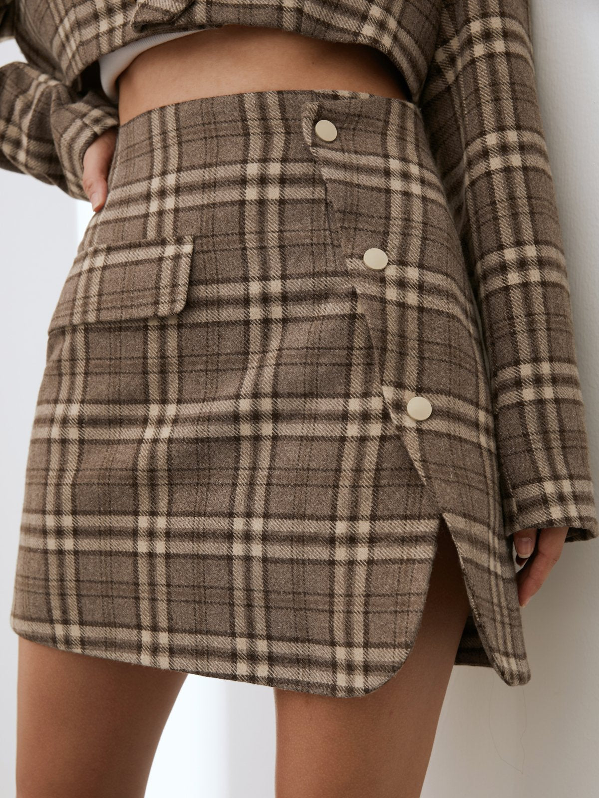 Single Pocket Plaid Mini Skirt with Side Wrap