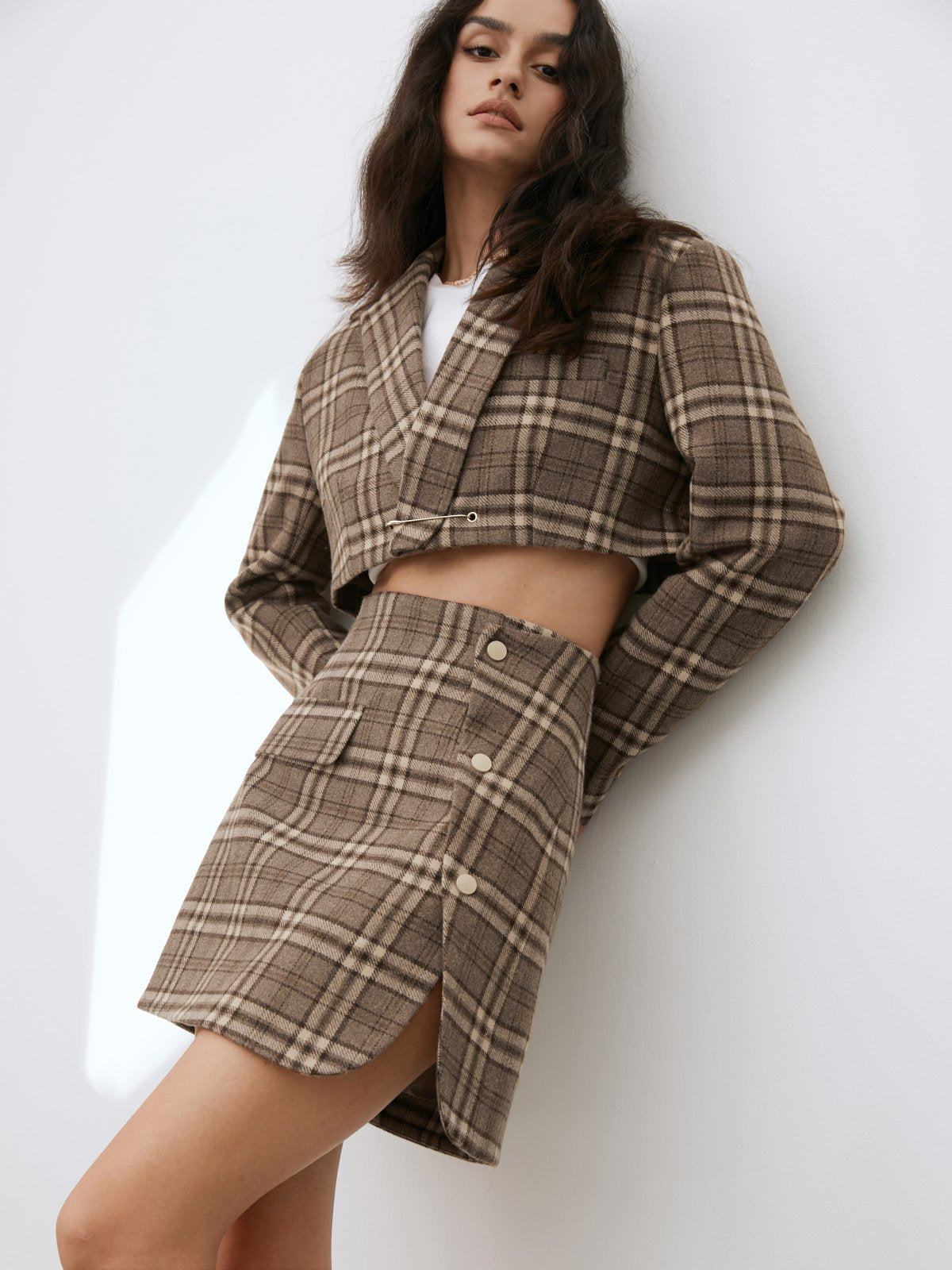 Single Pocket Plaid Mini Skirt with Side Wrap