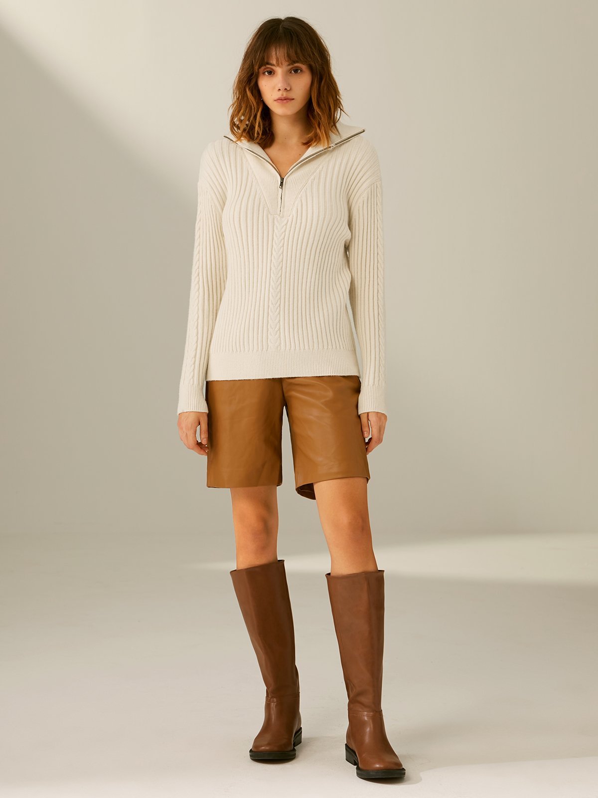 Ribbed Wide Collar Quarter Zip Sweater with Knit Detail