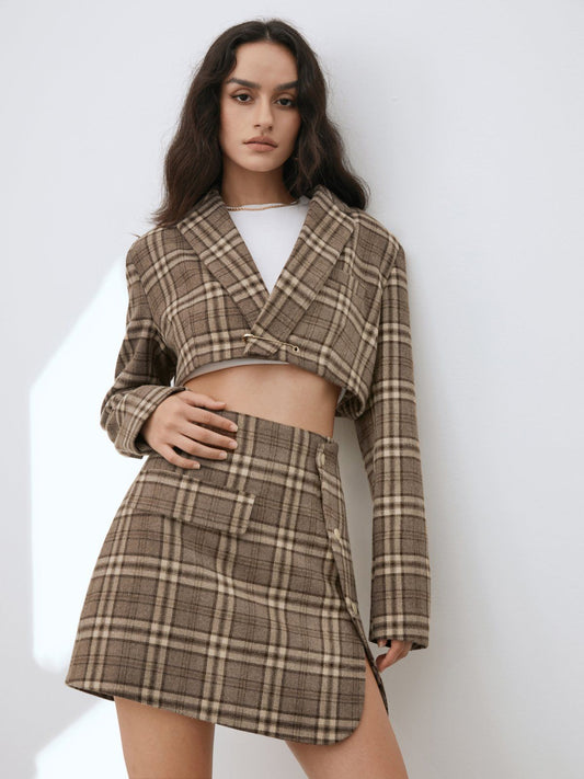 Cropped Plaid Fitted Blazer Jacket