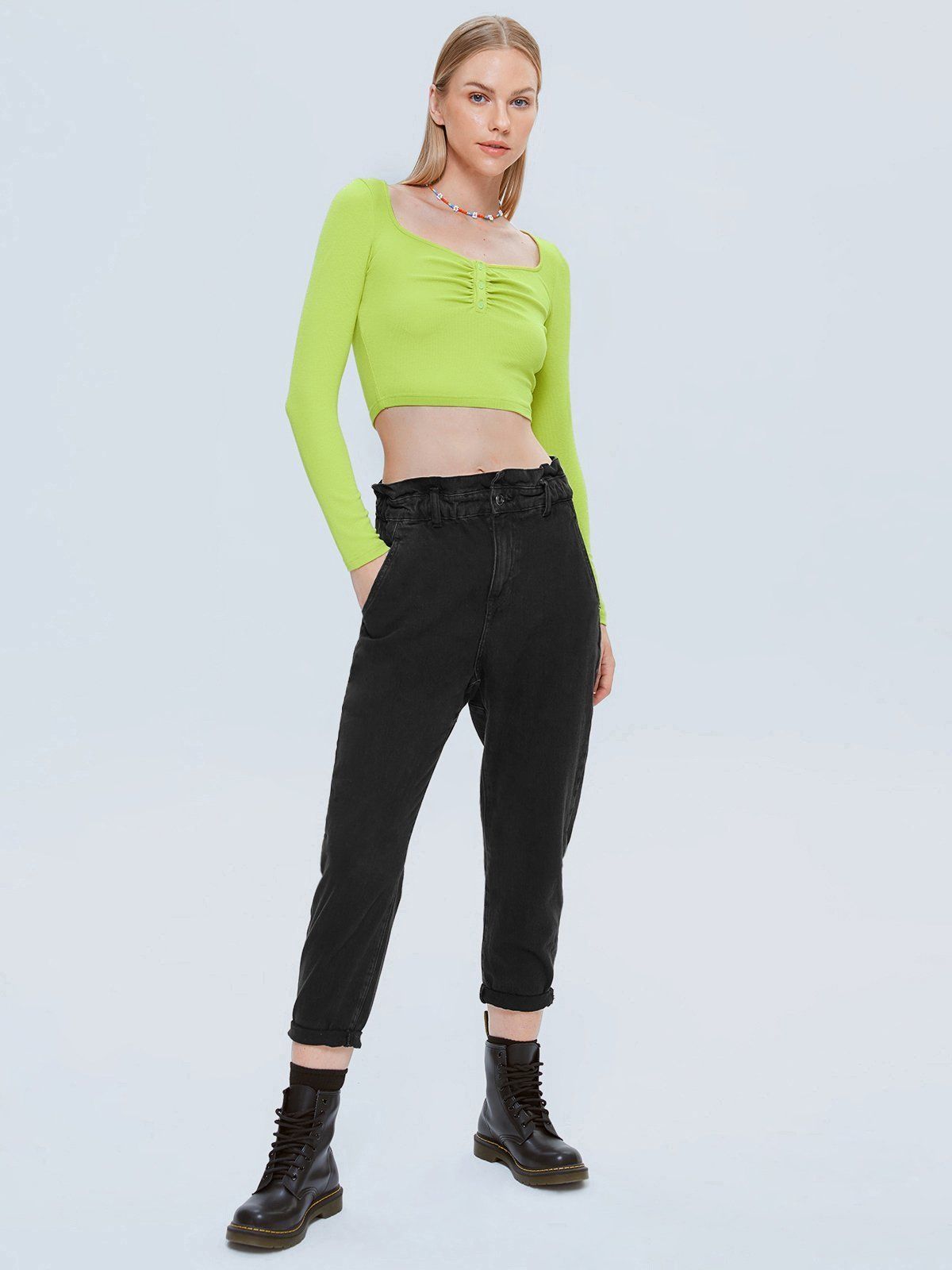 Cropped Henley Ruche Long Sleeve Top