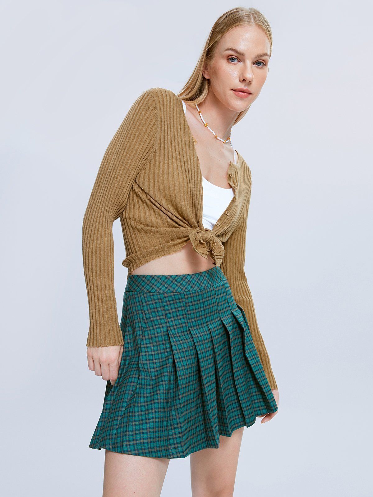 Checked Mini Window Pane Pleated Skirt