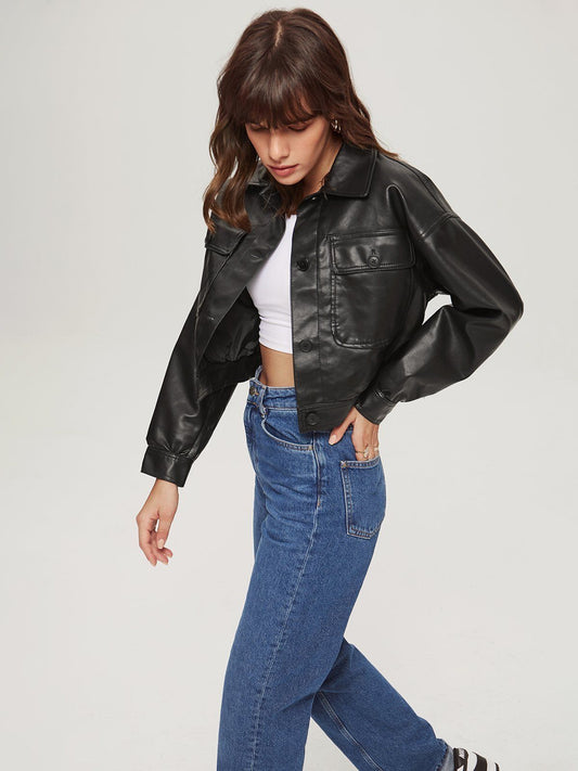 Cropped Double Pocket Leather Jacket