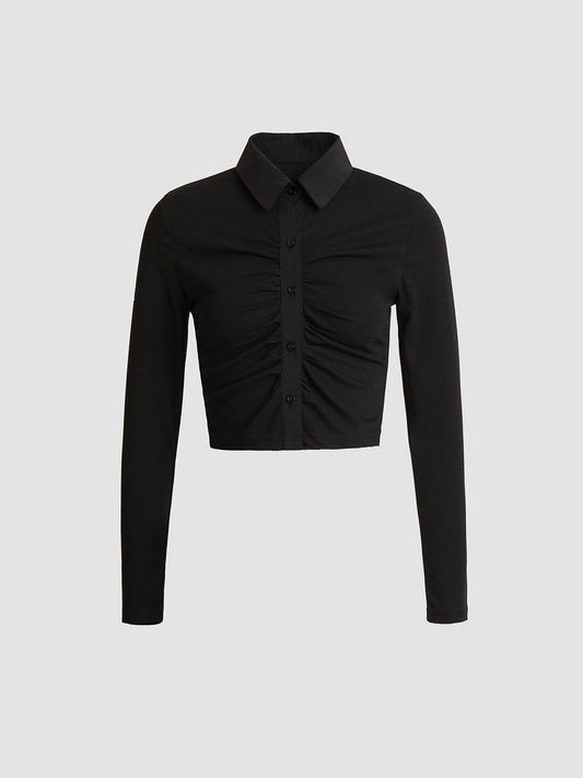 Ruched Long Sleeve Collared Shirt